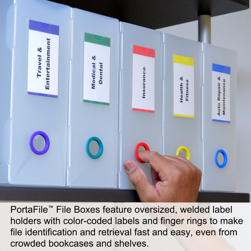 Ultimate Office PortaFile™ Frost File Box 3 5/8"d Storage Organizer for Folders, Hanging Files or Loose Documents. Heavy Duty Polypropylene with 6 Color Rings, Matching Labels and Fold Down Front Flap for Easy Access, with 25 PocketFiles™