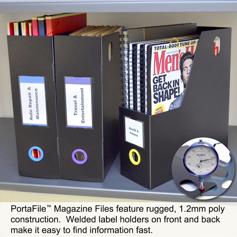 Ultimate Office PortaFile™ Magazine File Vertical File Organizer Box, Ideal for Magazines, Notebooks & File Storage, Includes 6 Color Finger Rings, Labels and a Lifetime Guarantee (set of 3), Black