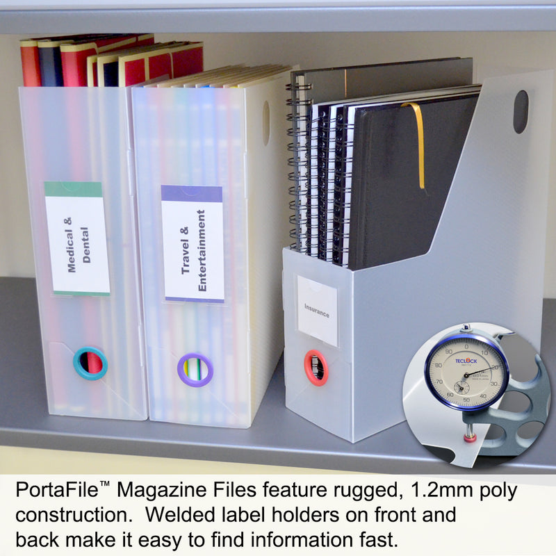 Ultimate Office PortaFile™ Magazine File Vertical File Organizer Box, Ideal for Magazines, Notebooks & File Storage, Includes 6 Color Finger Rings, Labels and a Lifetime Guarantee (set of 3), Frost