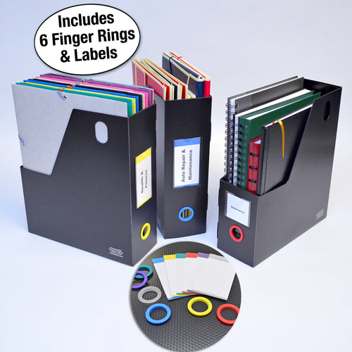 Ultimate Office PortaFile™ Magazine File Vertical File Organizer Box, Ideal for Magazines, Notebooks & File Storage, Includes 6 Color Finger Rings, Labels and a Lifetime Guarantee (set of 3), Black