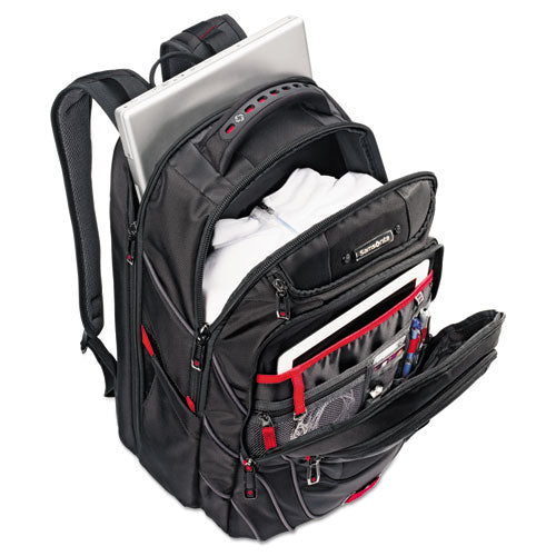 Tectonic Backpack holds Laptops up to 17", 13" x 18" x 9", Black w/Red