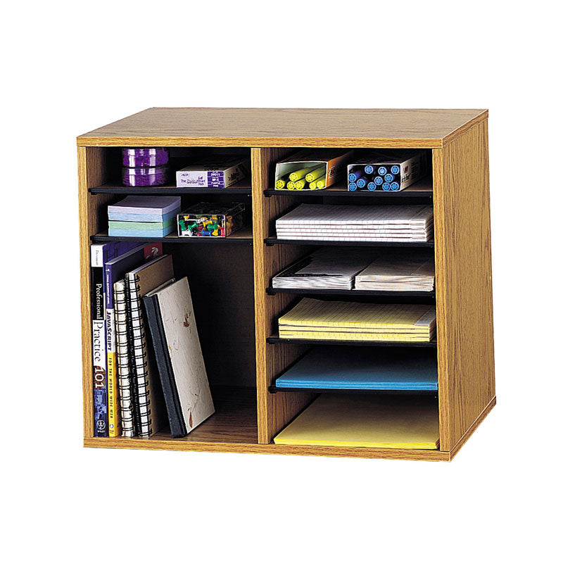 Safco 9420MO Oak Wood Adjustable Literature Organizer - 12 Compartment