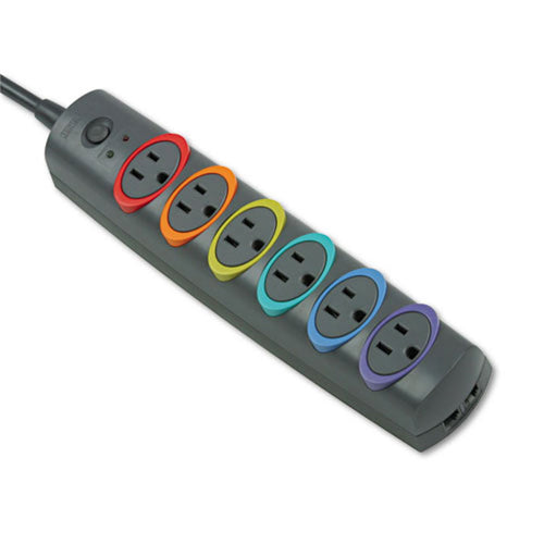 Color-Coded 6-Outlet Strip Surge Protect Joulesor (520 Joules)