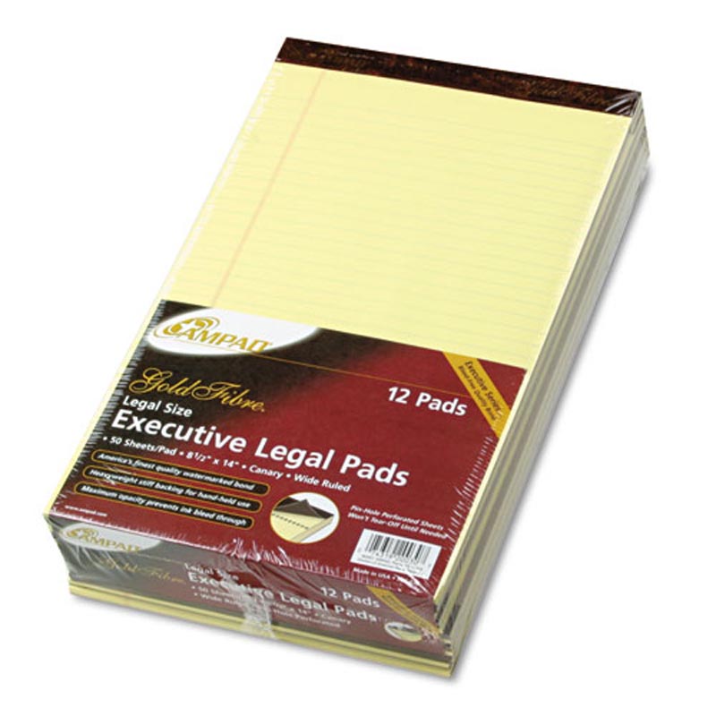 Ampad Gold Fibre Writing Pads, Wide/Legal Rule, 8.5 x 14, Canary, 50 Sheets, Dozen