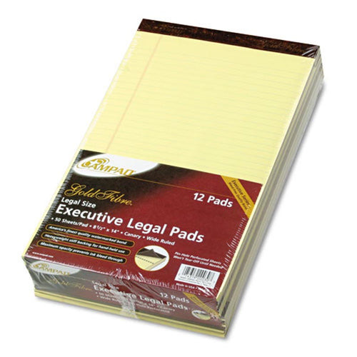 Gold Fiber Watermarked Writing Pads, Wide Rule, Legal , 16# Paper, Canary (12-pack, 50 sheet pads)