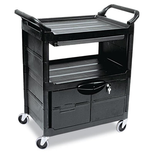 Heavy-Duty Polypropylene Utility Cart with Drawer and Locking Cabinet, Black