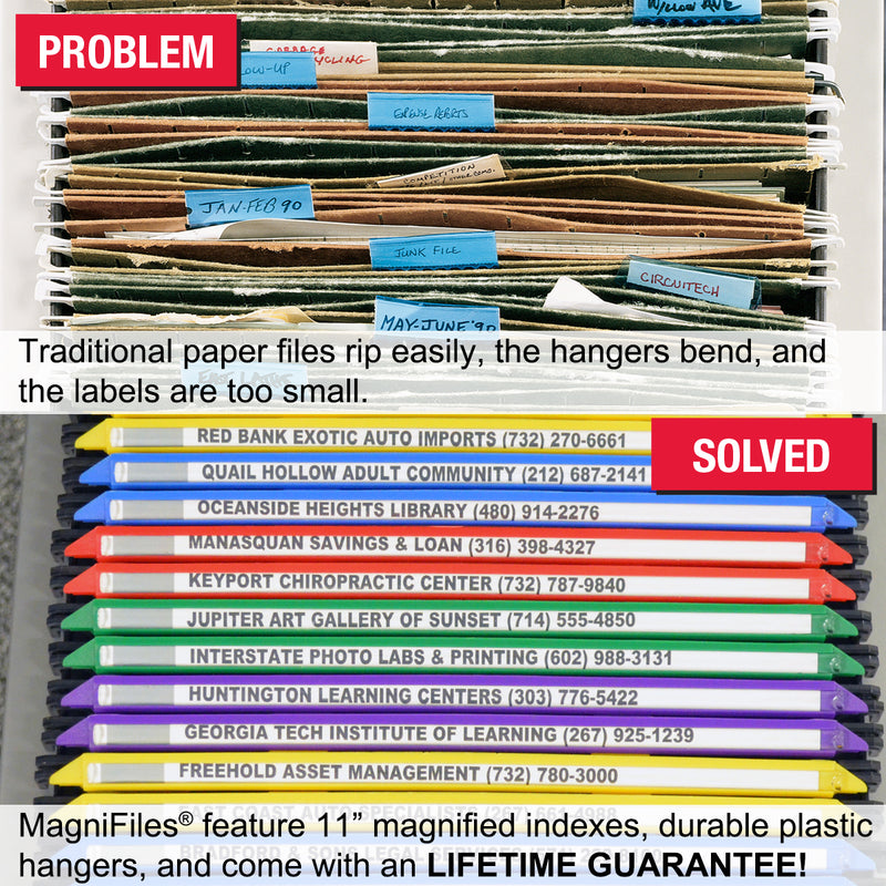 Ultimate Office MagniFile™ Hanging File Folders V-Base, Letter Size with 11" Magnified Indexes that DOUBLE THE SIZE of Your File Titles to FIND FILES FAST. Set of 5 Assorted with 25 Index Strips and AN UNCONDITIONAL LIFETIME GUARANTEE!