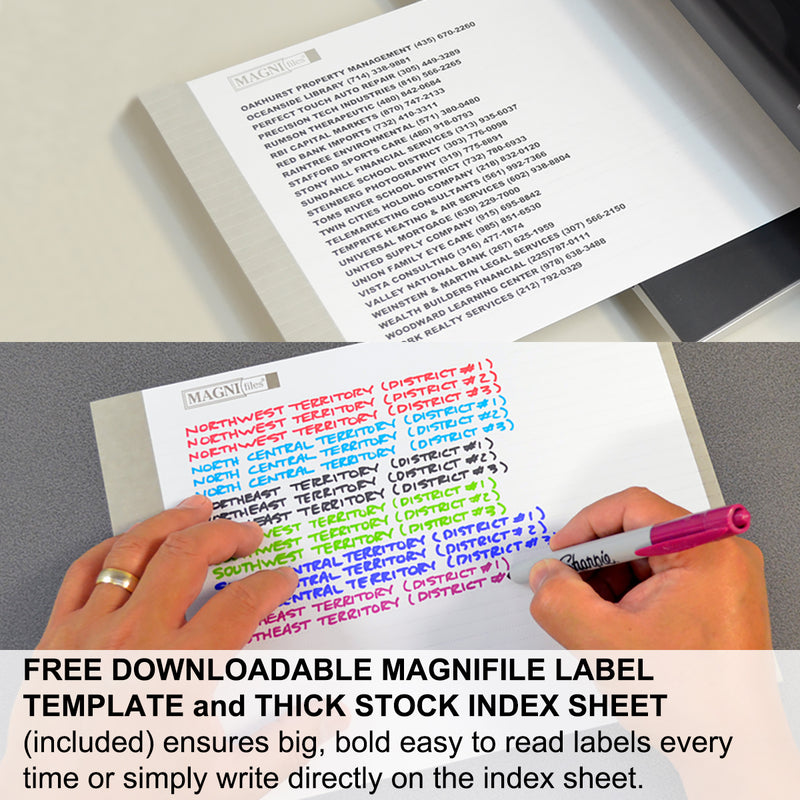 Ultimate Office MagniFile™ Hanging File Folders V-Base, Letter Size.  11" Magnified Indexes DOUBLE THE SIZE of Your File Titles to FIND FILES FAST. Includes 25 Index Strips and UNCONDITIONAL LIFETIME GUARANTEE! (Set of 5, Frost with Assorted)