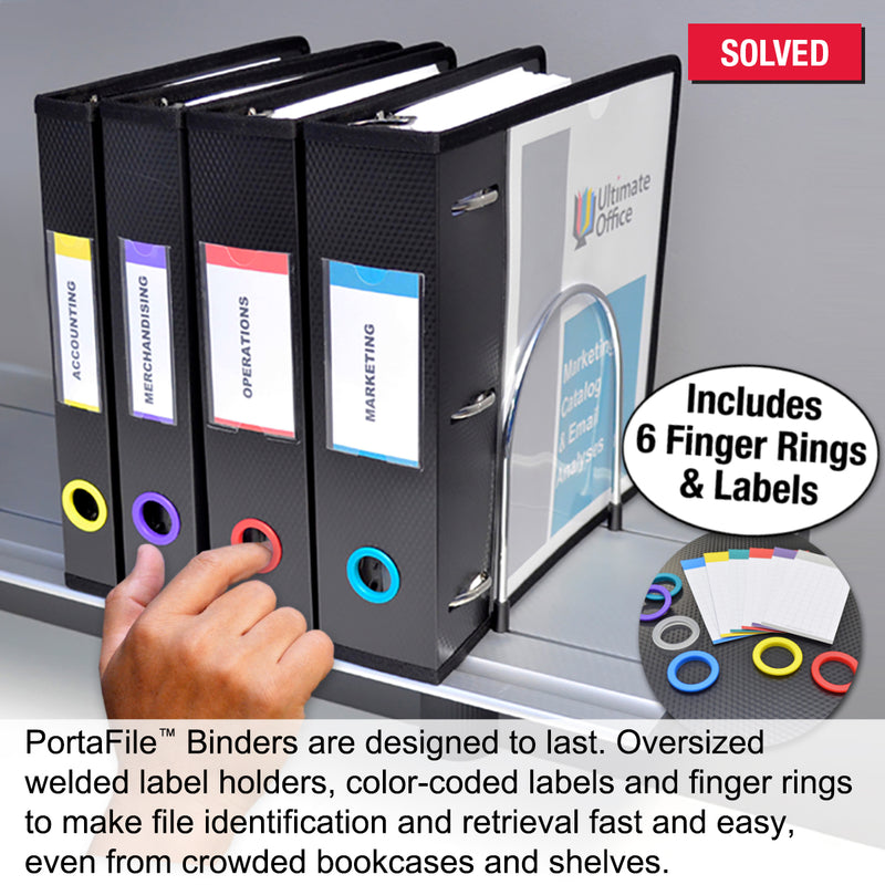 Ultimate Office PortaFile™ View Binder 2" Heavy-Duty D-Ring Binder Features Locking Cover, Sewn Nylon Edges, 6 Color Rings and Matching Labels and 2 Large Interior Pockets for Loose Papers (1 each), Black