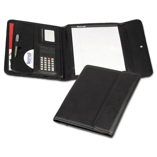Professional Tri-Fold Padfolio with Calculator, Black Faux Leather