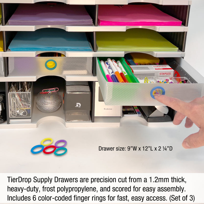 Desktop Organizer 12 Letter Tray Sorter Plus Riser Storage Base & 3 Supply Drawers - Ultimate Office TierDrop™ Desktop Organizer Stores All of Your Documents & Supplies in One Compact Modular System