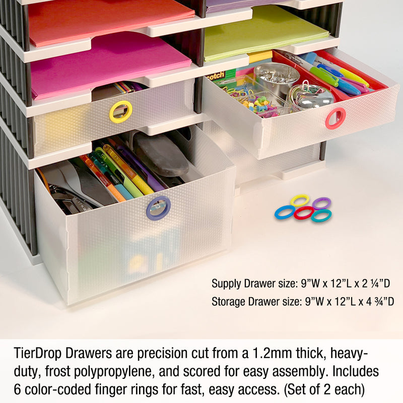 Desktop Organizer 4 Letter Tray Sorter Plus Riser Base, 2 Supply & 2 Storage Drawers - Ultimate Office TierDrop™ Plus Stores All of Your Documents and Supplies in One Compact Modular System