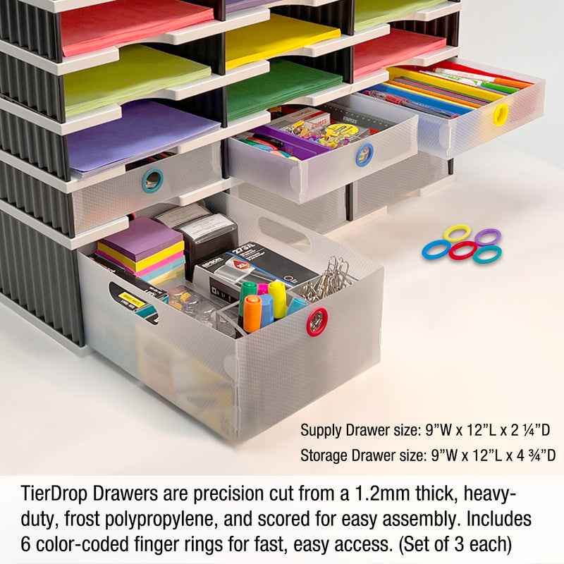 Desktop Organizer 6 Letter Tray Sorter Plus Riser Base, 3 Supply & 3 Storage Drawers - Ultimate Office TierDrop™ Plus Stores All of Your Documents and Supplies in One Compact Modular System