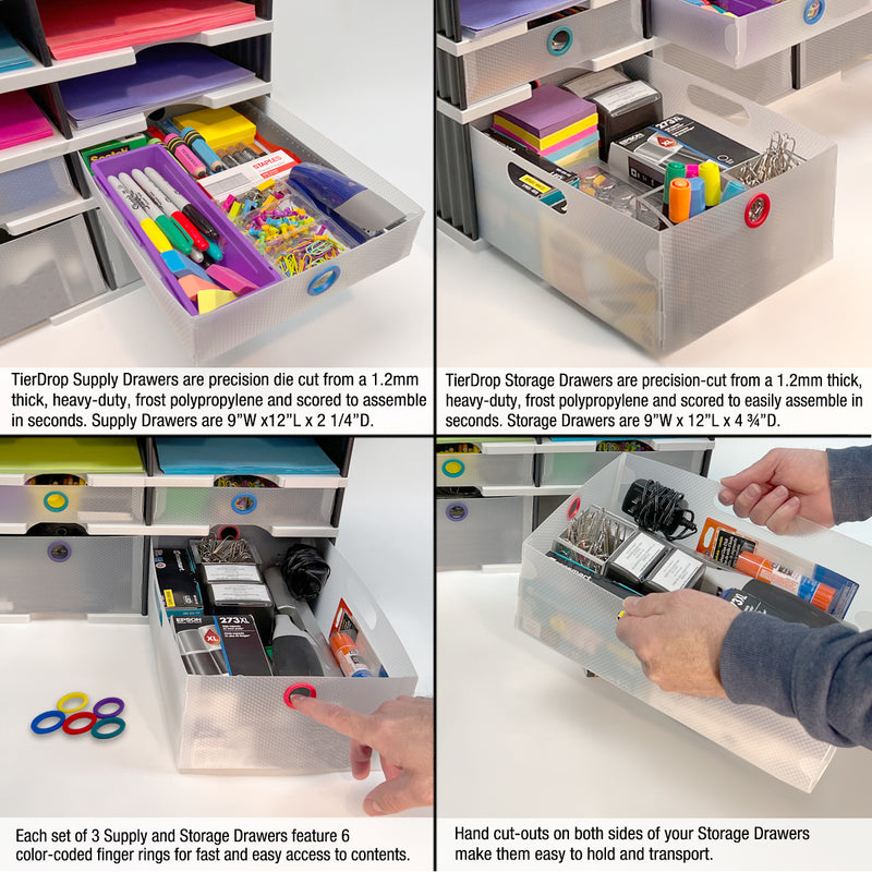 Desktop Organizer 9 Slot Sorter, Riser Base, Vertical File, 3 Storage & 3 Supply Drawers - Uses Vertical Space to Store All of Your Documents, Binders and Supplies in Clear View & Within Arm's Reach