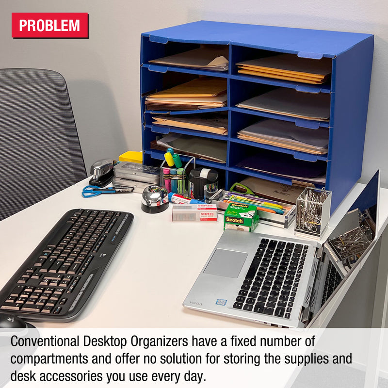 Desktop Organizer 4 Letter Tray Sorter Plus Riser Base, 2 Supply & 2 Storage Drawers - Ultimate Office TierDrop™ Plus Stores All of Your Documents and Supplies in One Compact Modular System