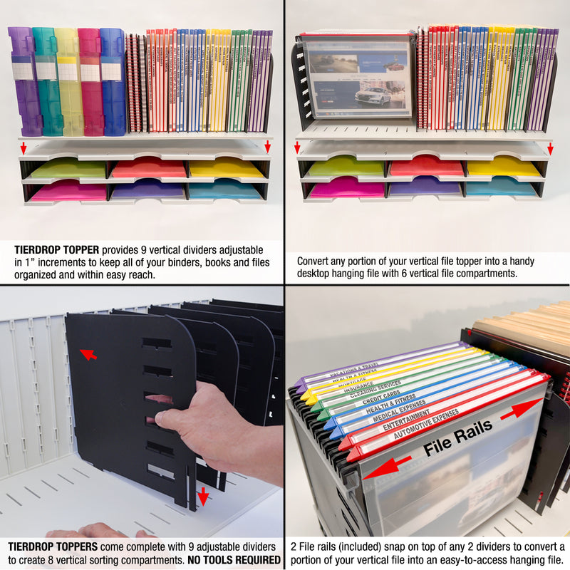 Desktop Organizer 6 Letter Tray Sorter with 8 Slot Vertical File Top - TierDrop™ Organizers Use Vertical Space to Store All of Your Documents, Files, Books & Binders in Clear View & Within Arm's Reach