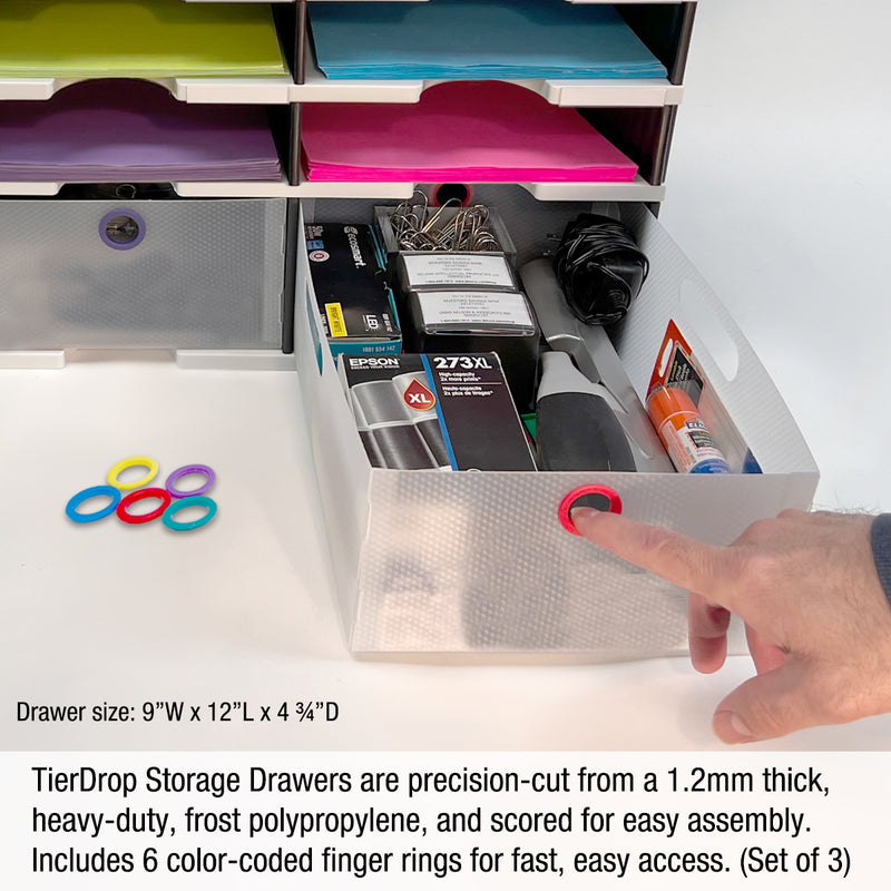 Desktop Organizer 12 Slot Sorter, Riser Base, Vertical File Top & 3 Storage Drawers - Ultimate Office TierDrop™ Organizer Keeps All of Your Documents, Binders and Supplies in One Compact Modular System