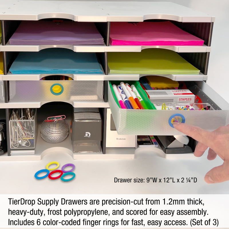 Desktop Organizer 12 Letter Tray Sorter, Vertical File Top & 3 Supply Drawers - TierDrop™ Desktop Organizer Stores All of Your Documents, Forms, Binders, & Supplies in One Compact Modular System