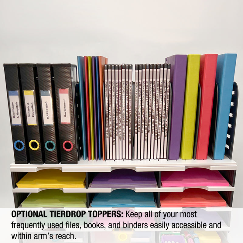 Desktop Organizer 9 Letter Tray Sorter PLUS Riser Base, 3 Supply & 3 Storage Drawers - TierDrop™ PLUS Stores All of Your Documents & Supplies in Clear View & Within Arm's Reach Using Minimal Desk Space