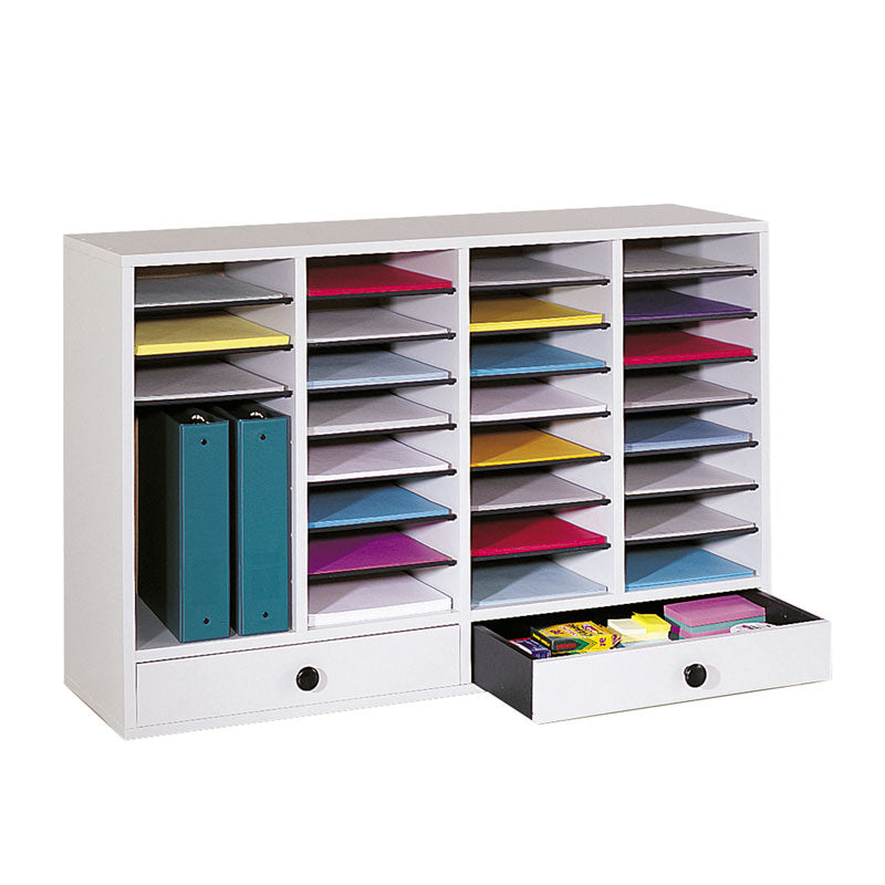 Wood 32-Compartment Literature Organizer w/ 2 Storage Drawers