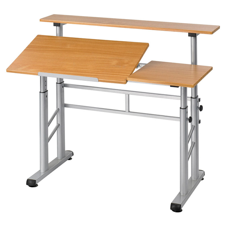 Adjustable-Height, Split-Level Table, Medium Oak w/ Silver