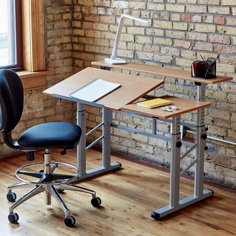 Leveled Table Adj-Height, Split-Level Table, Medium Oak w/ Silver | Ultimate Office