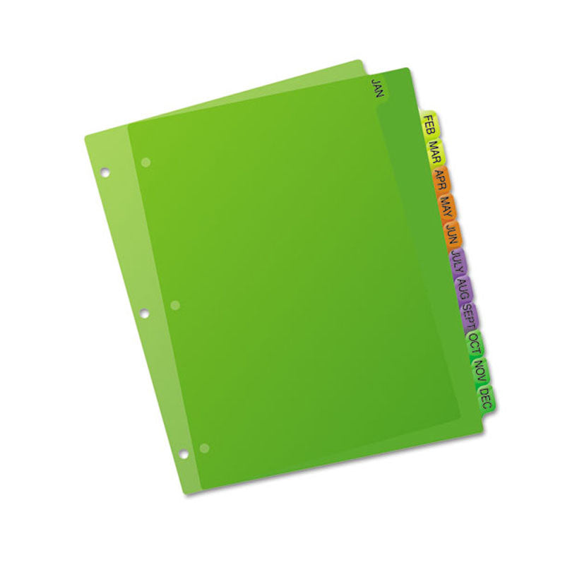 Durable Plastic Preprinted Tab Dividers w/ Multicolor Tabs, Jan-Dec, Letter, Assorted (set of 12)