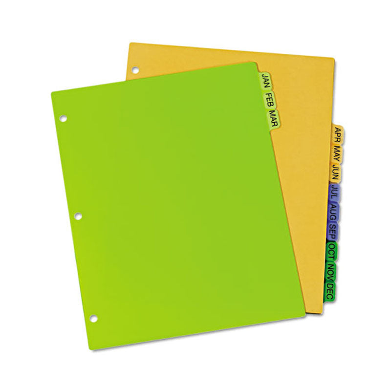 Durable Plastic Preprinted Tab Dividers w/ Multicolor Tabs, Jan-Dec, Letter, Assorted (set of 12)