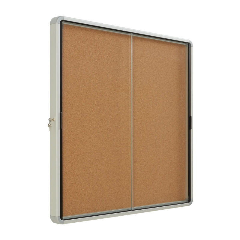 Enclosed Indoor Cork Bulletin Board w/ Sliding Glass Doors, Silver Frame