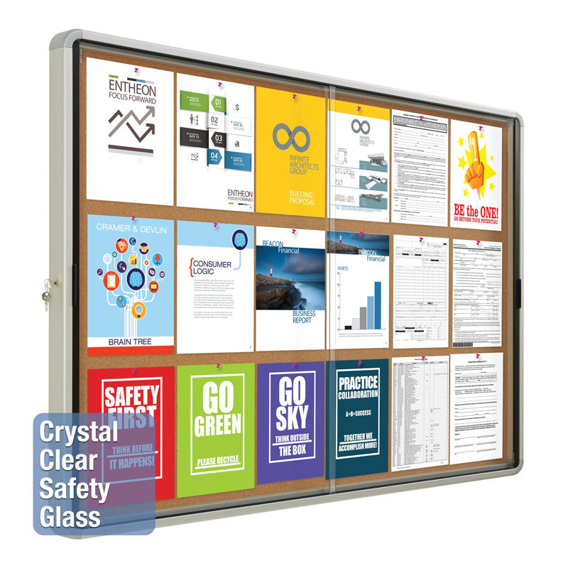 Enclosed Indoor Cork Bulletin Board w/ Sliding Glass Doors, Silver Frame