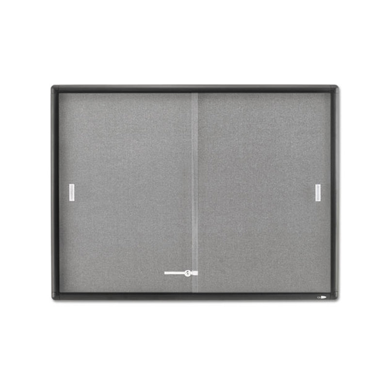 Enclosed Indoor Cork and Gray Fabric Bulletin Board with Two Sliding Glass Doors, 48 x 36, Graphite Gray Aluminum Frame