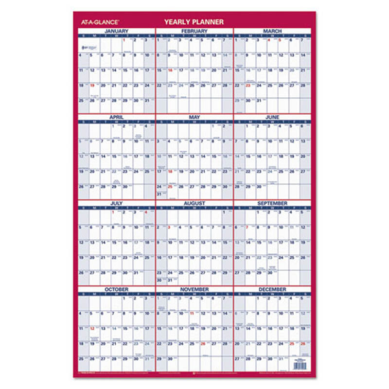 Erasable Vertical/Horizontal Wall Planner, Blue/Red, 2024