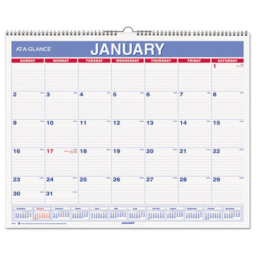 Monthly Wall Calendar, 15" X 12", Red/Blue, 2025