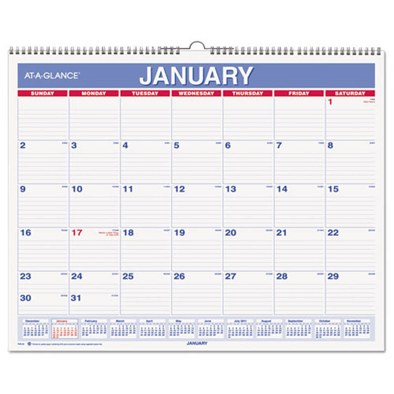 Monthly Wall Calendar, 15" X 12", Red/Blue, 2025