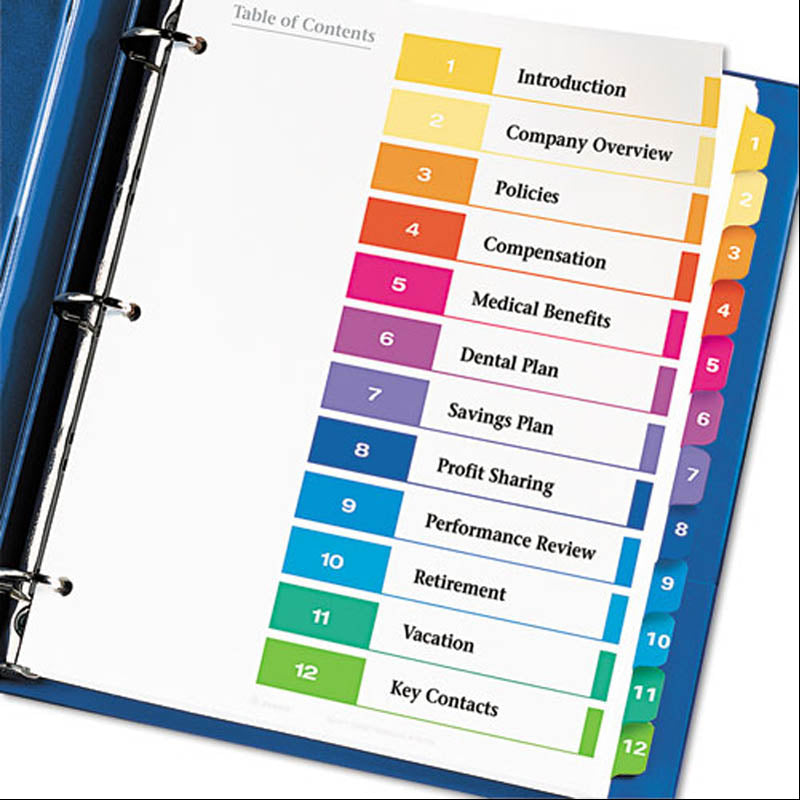 Ready Index Table of Contents Dividers w/ Multicolor Tabs, 1-12, Letter