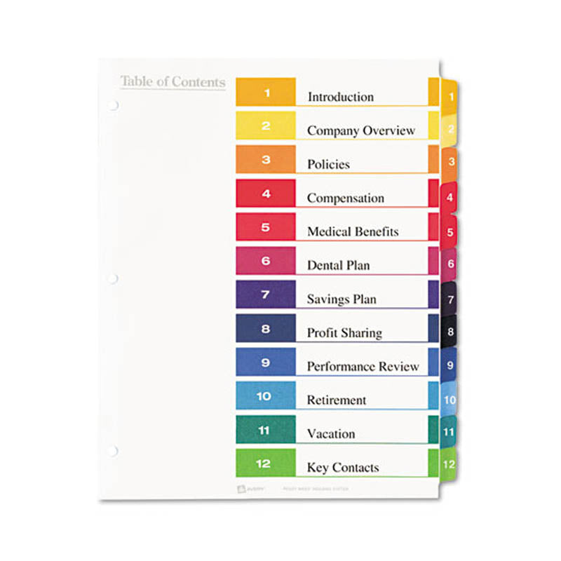 Ready Index Table of Contents Dividers w/ Multicolor Tabs, 1-12, Letter