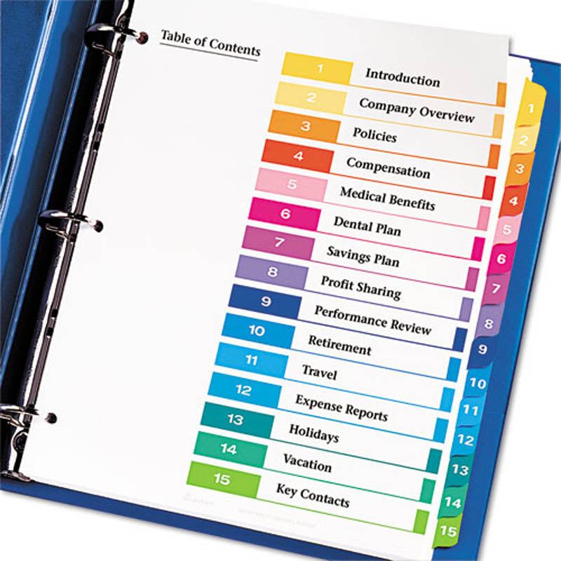 Ready Index Table of Contents Dividers w/ Multicolor Tabs, 1-15, Letter