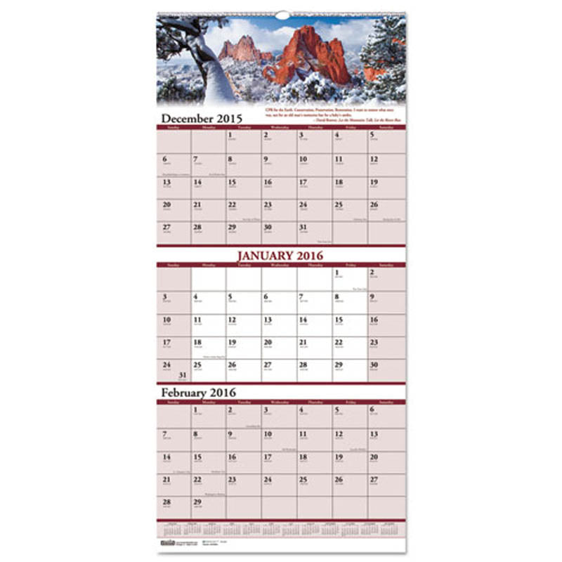 Scenic Compact Three-Month Horizontal Wall Calendar, 8" X 17", 2015-2019