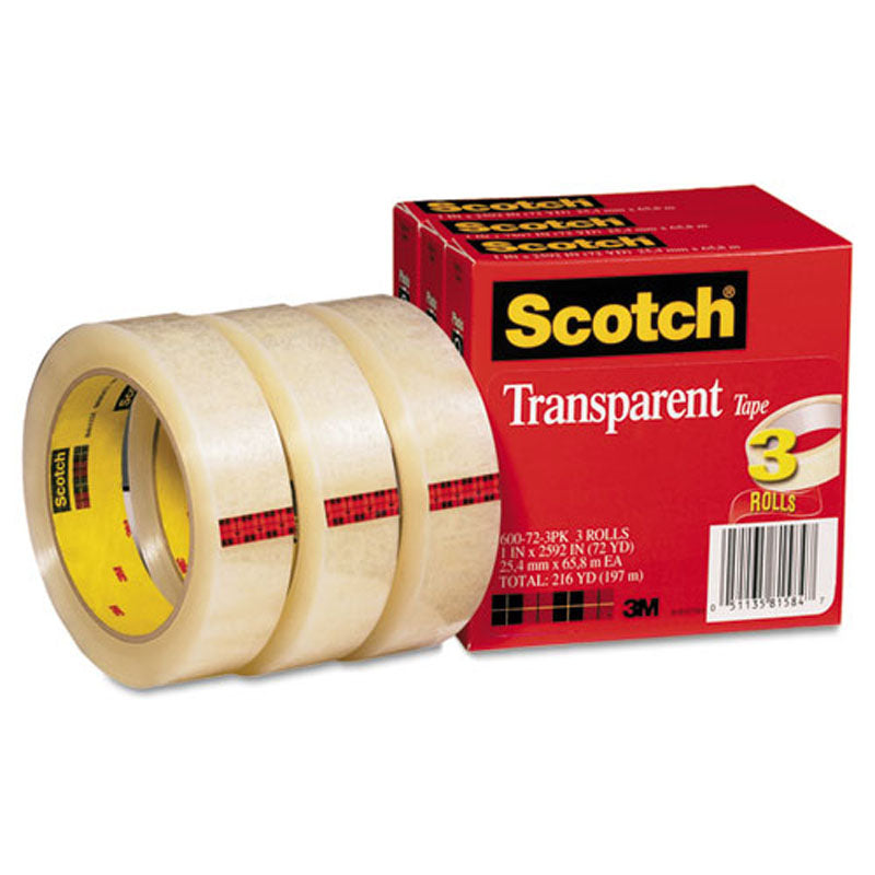 Scotch Transparent Tape, 3 Core, 216' Rolls, Clear