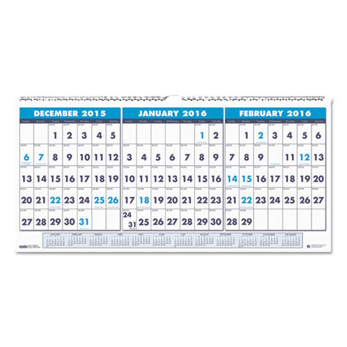 Three-Month Horizontal Format Wall Calendar, 2020-2022