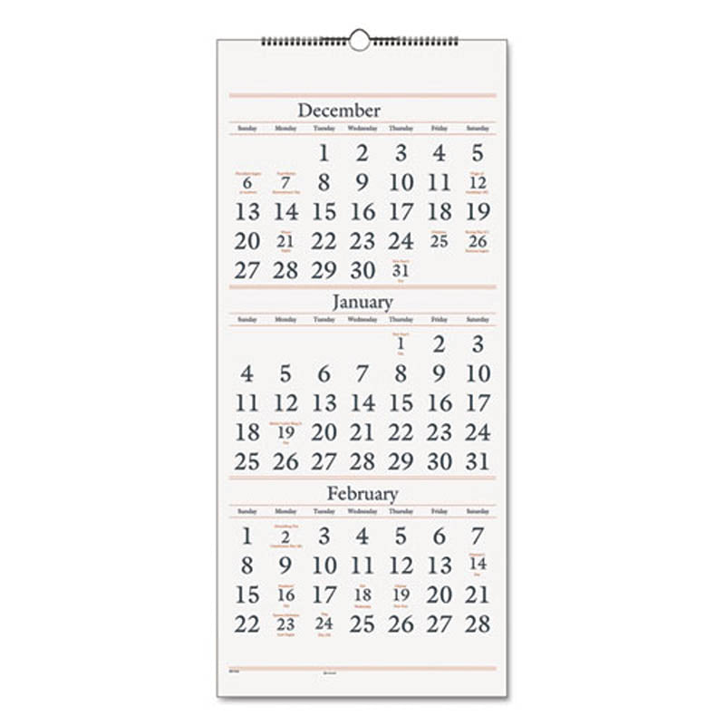Three-Month Reference Wall Calendar, 12" X 27", 2015-2017