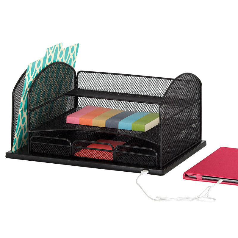 Desk Organizer for Women, Mesh Office Supplies Desk Accessories, Features 4  Compartments + 1 Mini Sliding Drawer