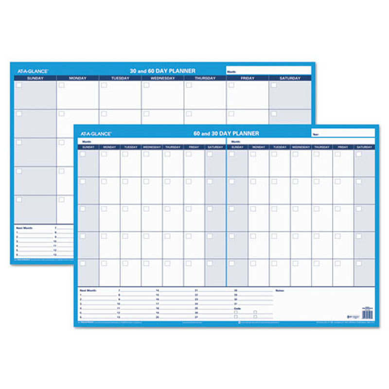 30/60-Day Undated Horizontal Erasable Wall Planner, White/Blue